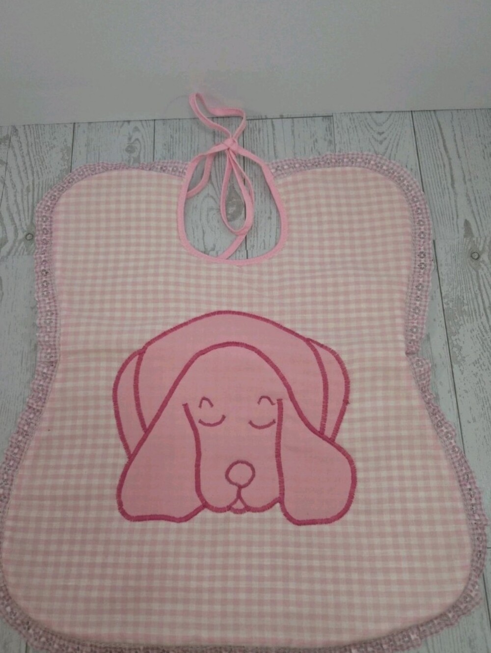 Vintage Style Pink Gingham Country Baby Bib Handmade Puppy Embroidered Outline